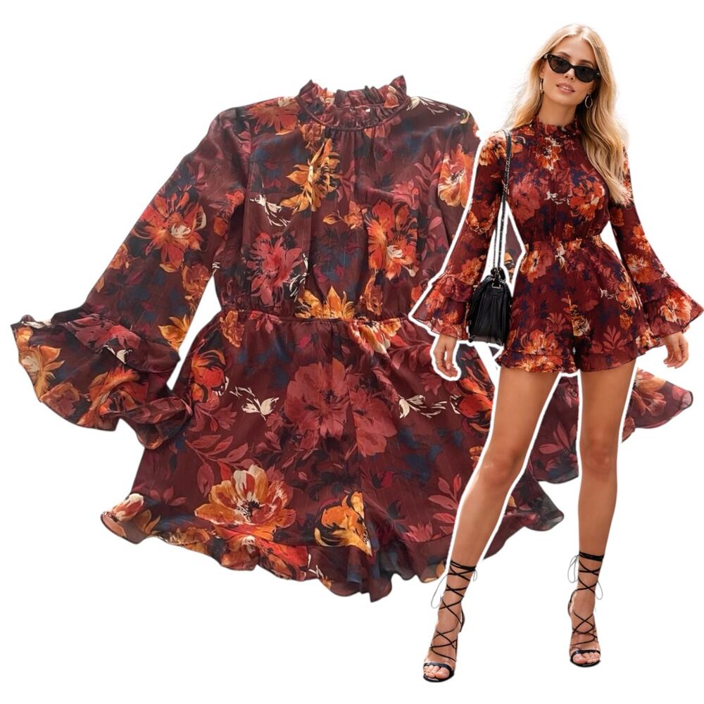 Ali & Jay Floral Romper Large Wine Red 1-Pc Bell Sleeve Romantic Coquette Boho